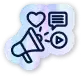 Illustration of a megaphone with icons of a heart, chat bubble, and play button, symbolising communication or social media engagement—a perfect fit for any digital marketing agency. The design features a border and a subtle gradient background.