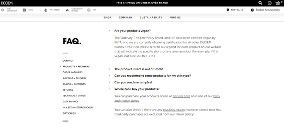 Image showing an example of faq's with internal links