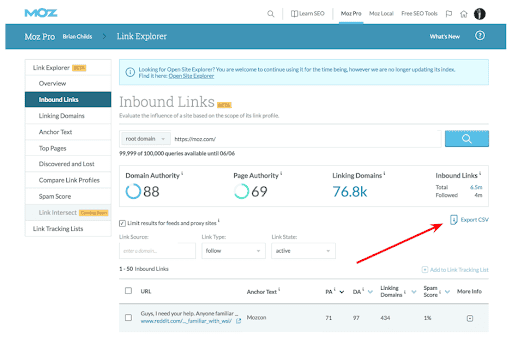 Inbound Links Checking Moz Dashboard