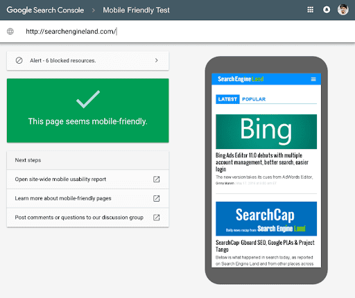 Google Search Console Mobile Friendly Test