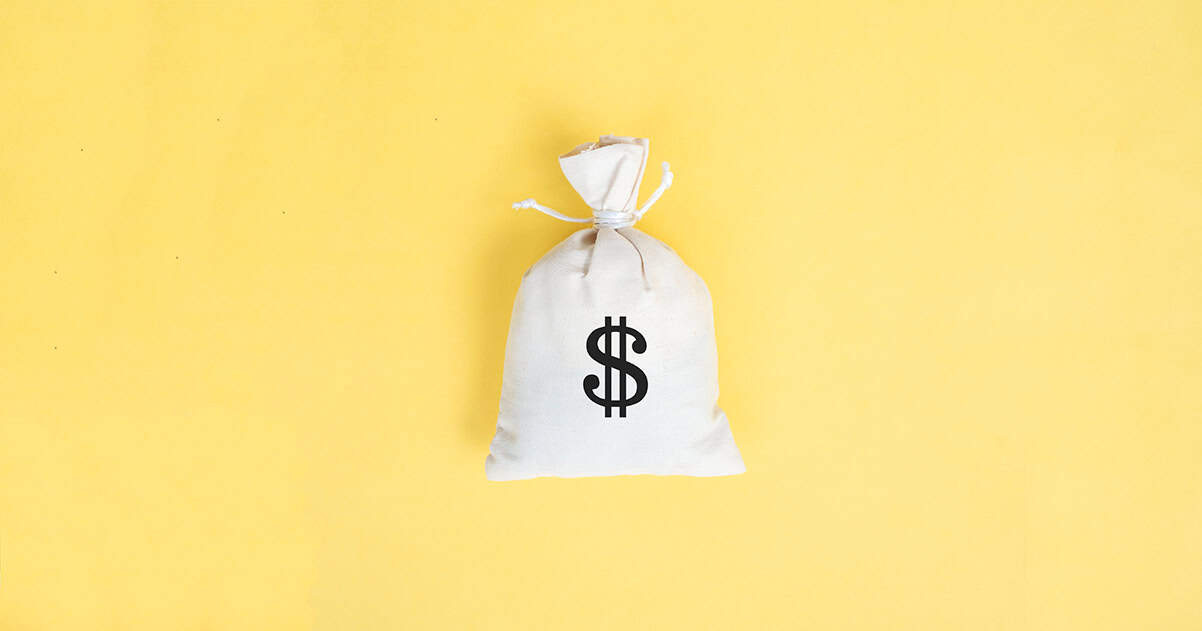 An illustration of a money bag with an Australian dollar sign on it with a yellow background, depicting copt per click where you only pay when a user clicks on the ad.