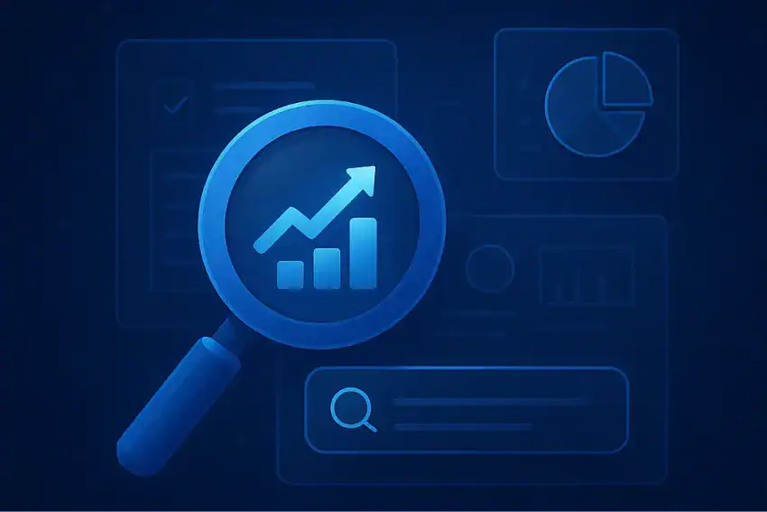Illustration of a magnifying glass highlighting a rising bar graph and arrow, symbolising SEO analysis and growth. Surrounding icons include charts and data elements on a dark blue tech-themed background. Represents tools and strategies for checking website SEO performance, search engine visibility, and optimising digital presence for better rankings.