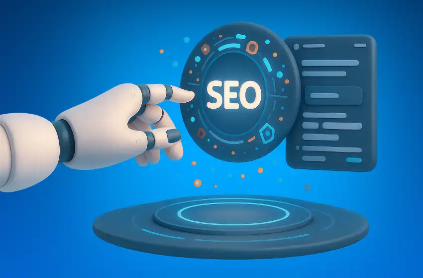 A robot hand interacting with SEO interface, showcasing futuristic technology, digital marketing, and AI search optimization tools