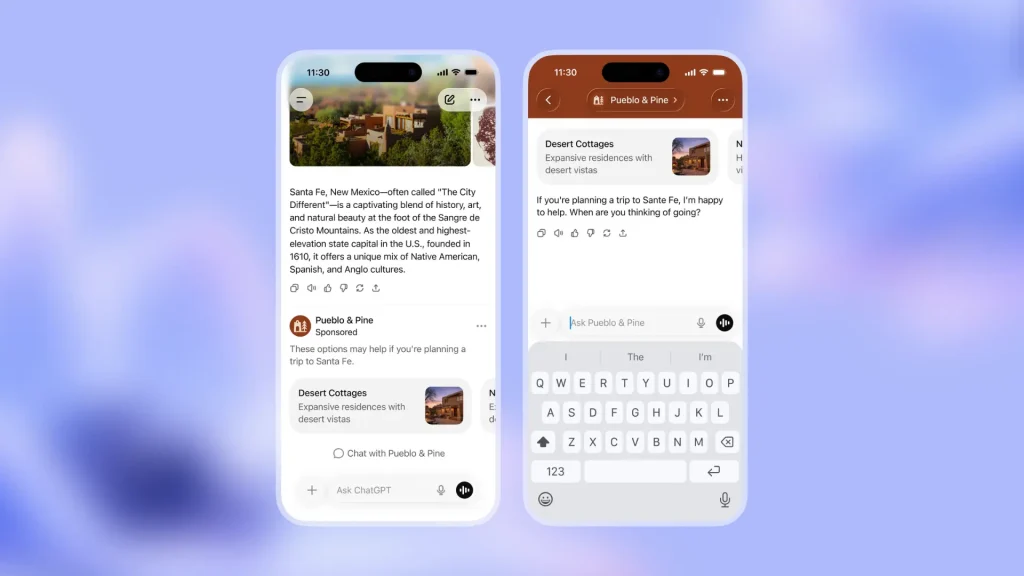 Mobile view of ChatGPT showing sponsored listings and brand recommendations within conversational AI search, illustrating early ChatGPT ads testing and growing ChatGPT visibility for digital marketing.