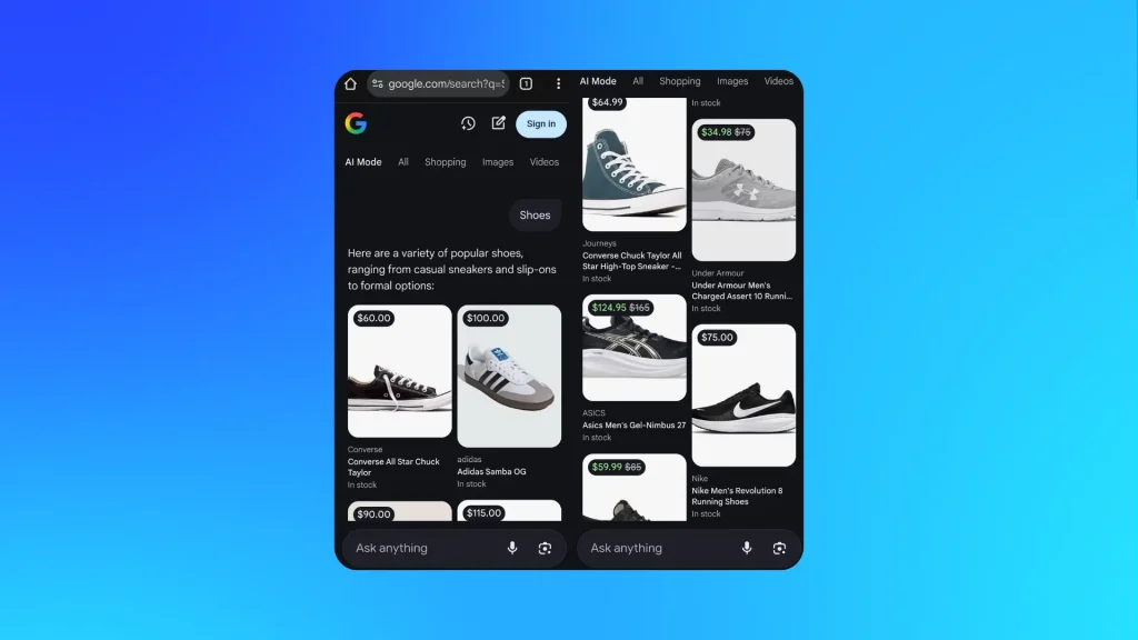 Google AI Mode search results displaying product images with visible price labels, showing how AI search blends visual discovery and pricing to influence buying decisions earlier.