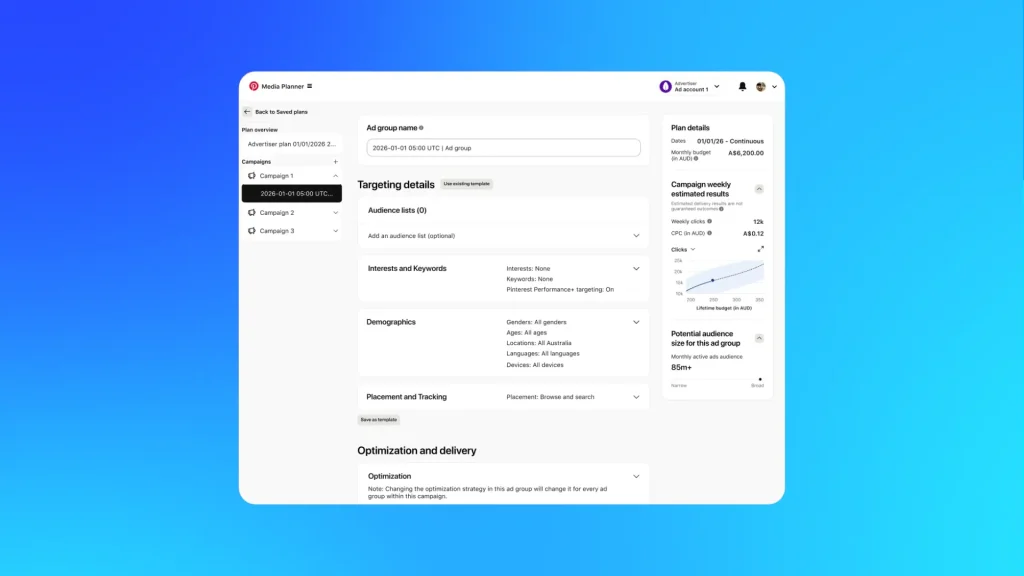 Pinterest Ads Media Planner interface showing campaign planning, audience targeting and budget forecasting tools used for paid social and performance marketing.